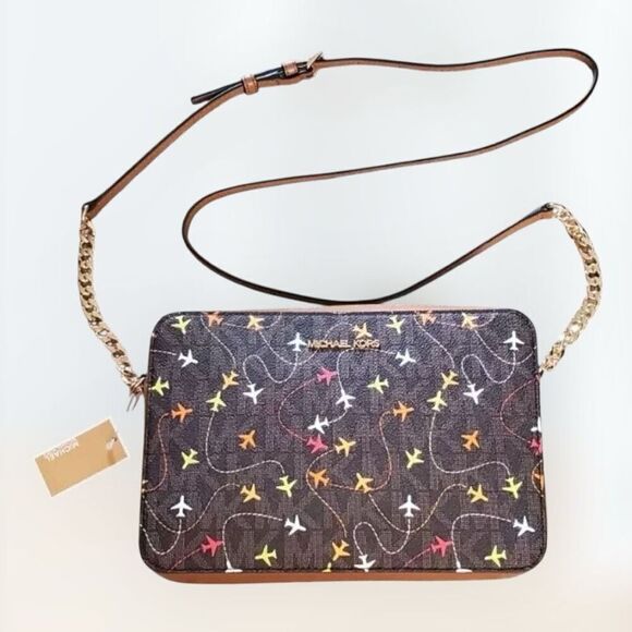 MICHAEL KORS JET SET Brown Multi East West Airplane Print Crossbody Bag $198 NWT - Picture 2 of 7